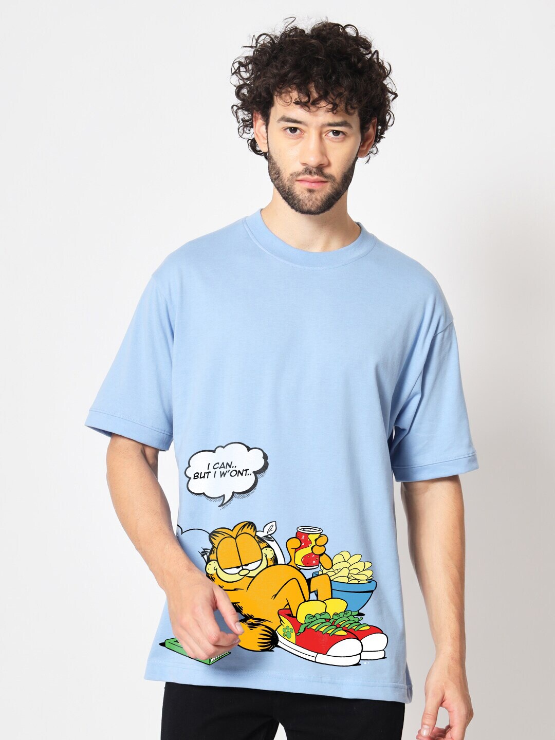 

Crazymonk Garfield Printed Drop Shoulder Pure Cotton Oversized T-Shirt, Blue