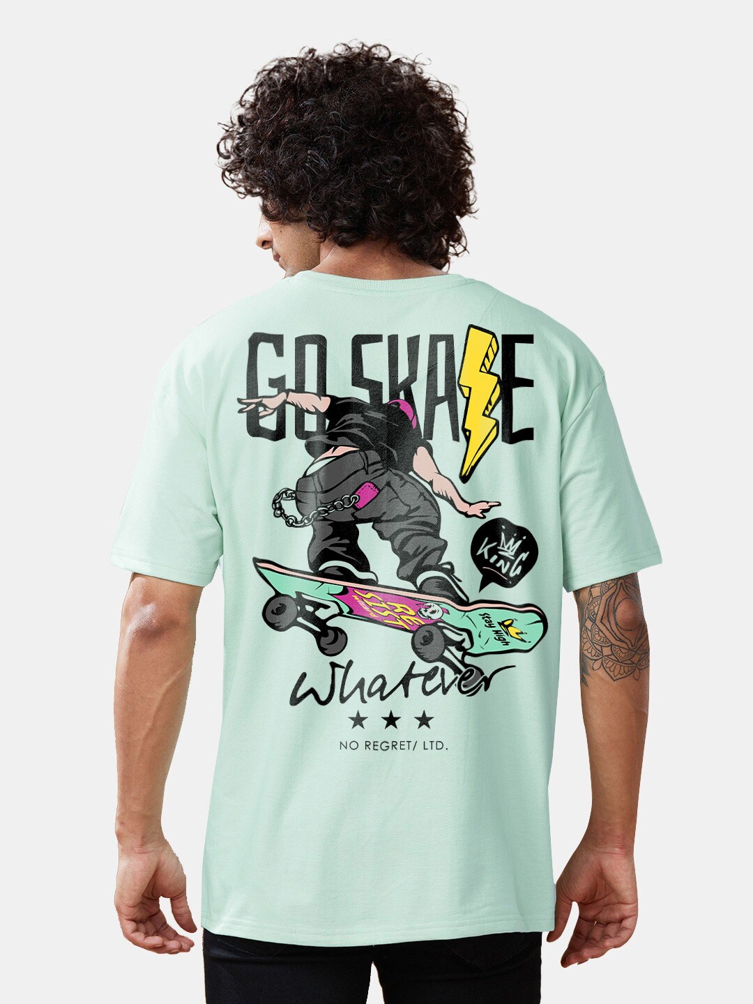 

Crazymonk Go Skate Printed Drop Shoulder Pure Cotton Oversized T-Shirt, Green