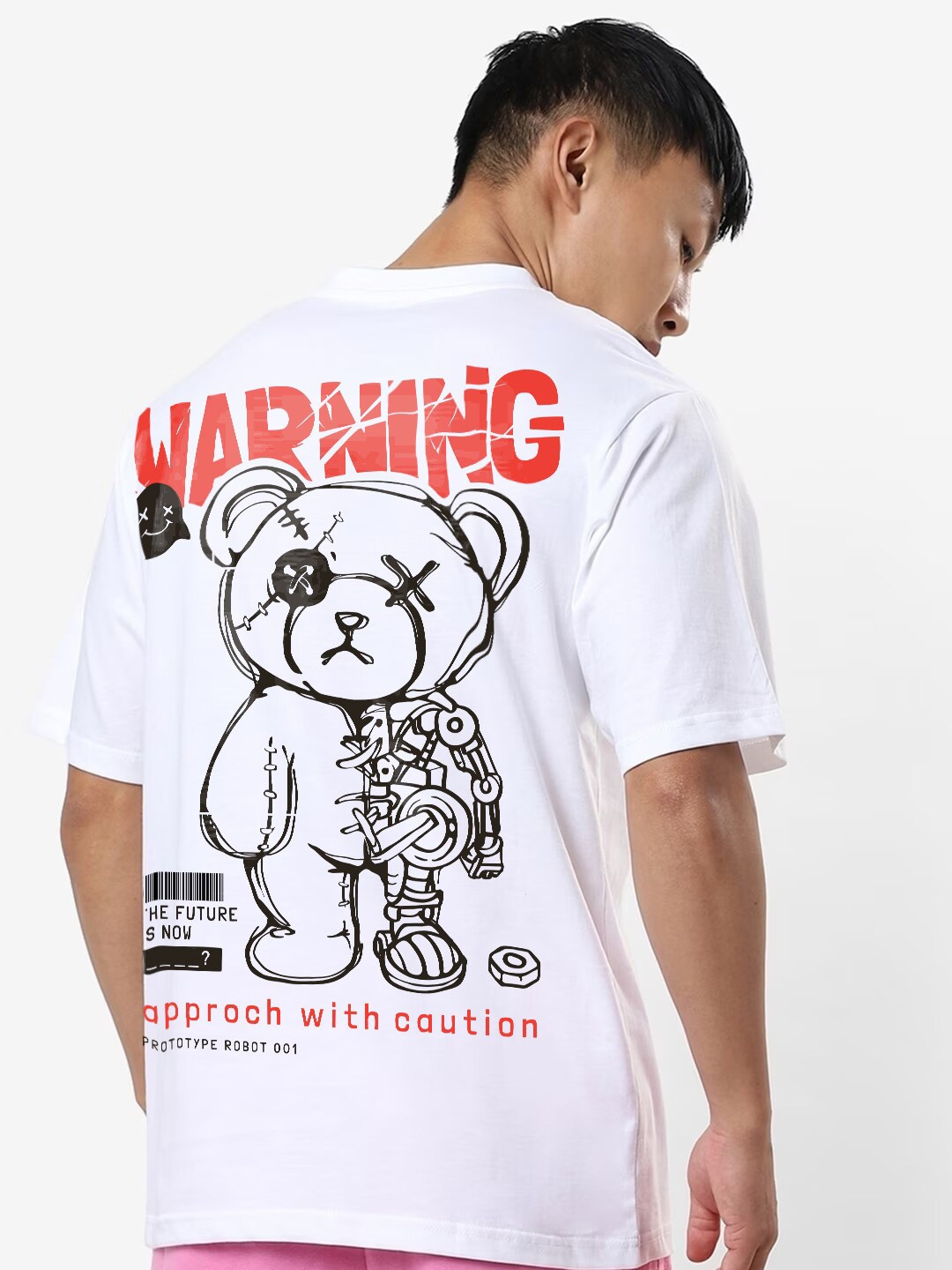 

Crazymonk Prototype Robot Printed Drop Shoulder Pure Cotton Oversized T-Shirt, White