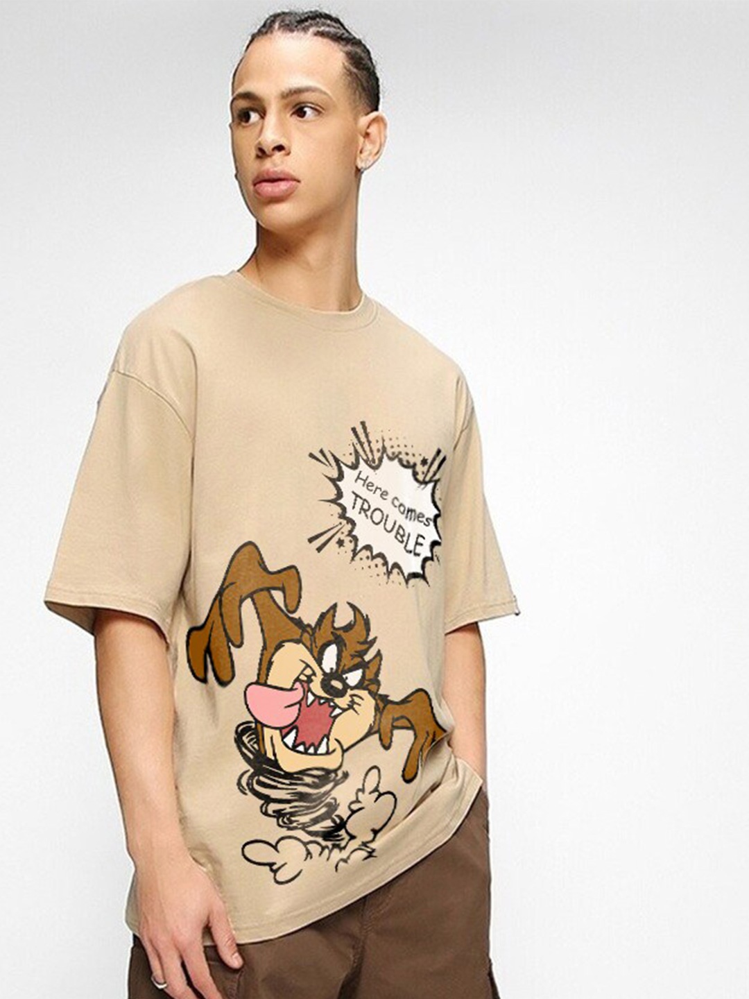 

Crazymonk Taz Trouble Printed Drop Shoulder Pure Cotton Oversized T-Shirt, Beige