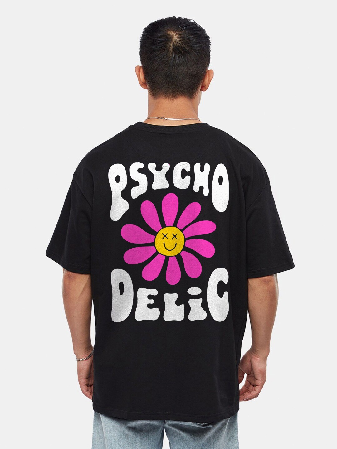 

Crazymonk Psycho Delic Printed Drop Shoulder Pure Cotton Oversized T-Shirt, Black