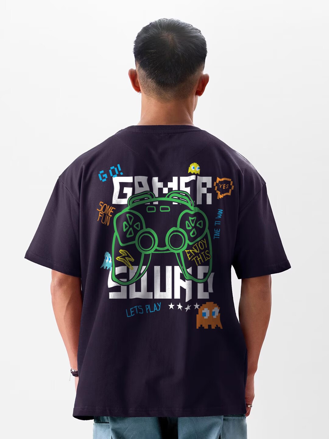 

Crazymonk Gamer Squad Printed Drop Shoulder Pure Cotton Oversized T-Shirt, Navy blue
