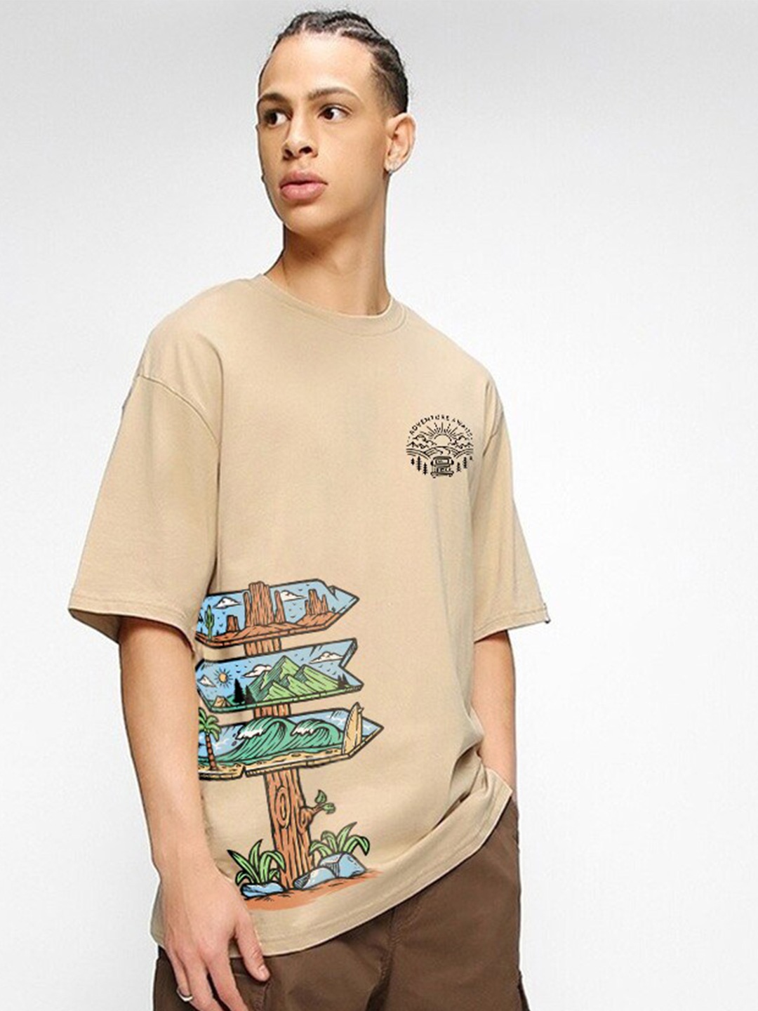 

Crazymonk Adventure Awaits Printed Drop Shoulder Pure Cotton Oversized T-Shirt, Beige