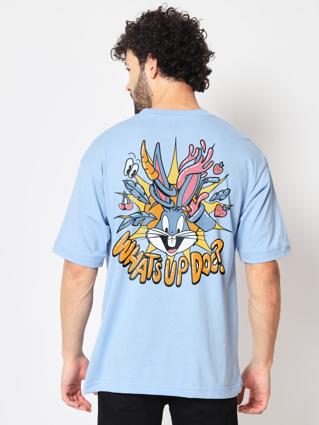 

Crazymonk Watsapp Up Doc Bugs Bunny Drop Shoulder Pure Cotton Oversized T-Shirt, Blue