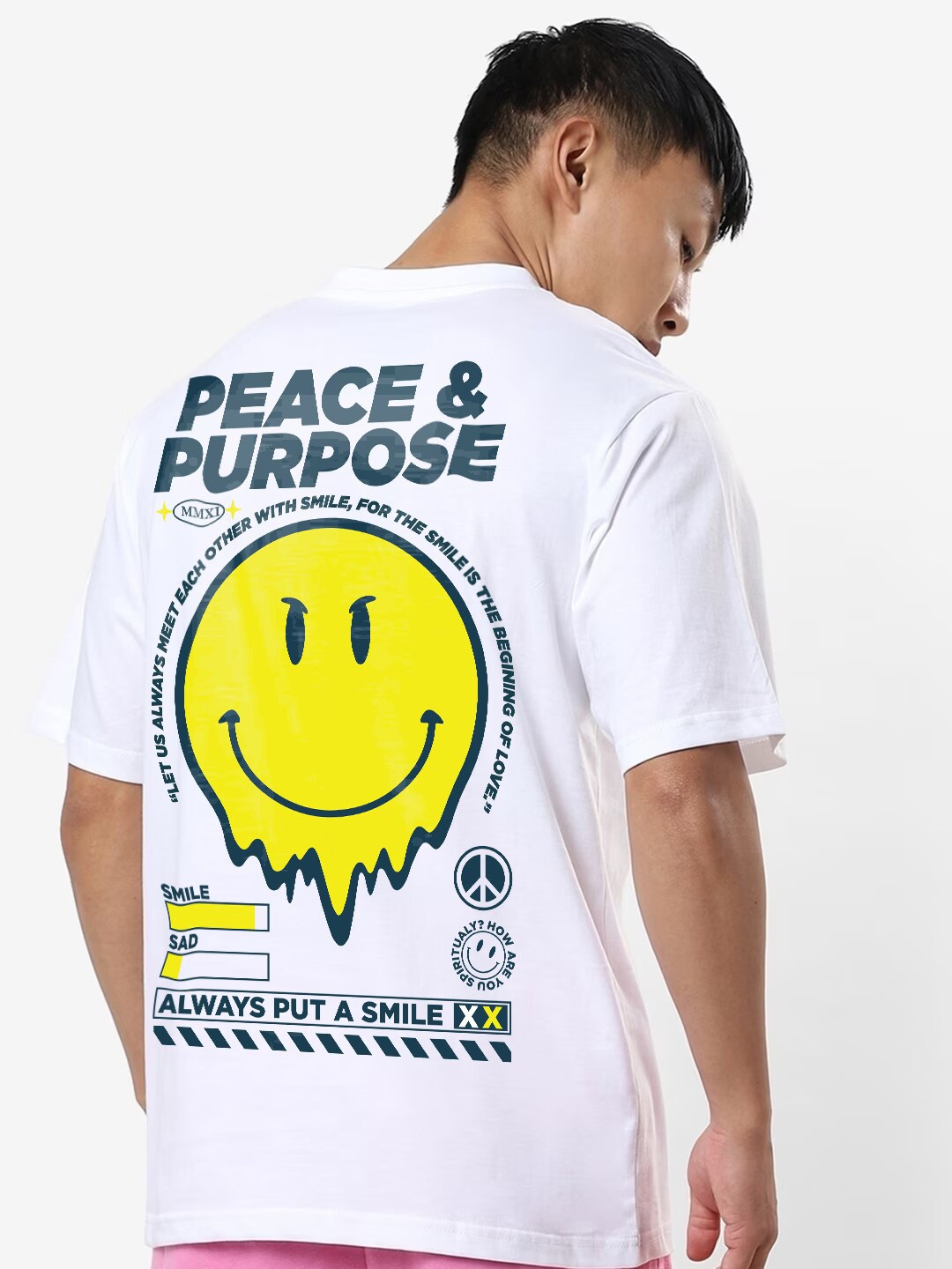 

Crazymonk Peace and Purpose Printed Drop Shoulder Pure Cotton Oversized T-Shirt, White