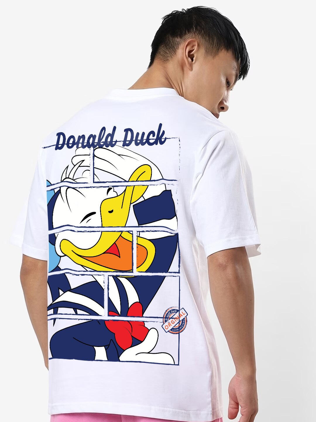 

Crazymonk Donald Duck Printed Drop Shoulder Pure Cotton Oversized T-Shirt, White