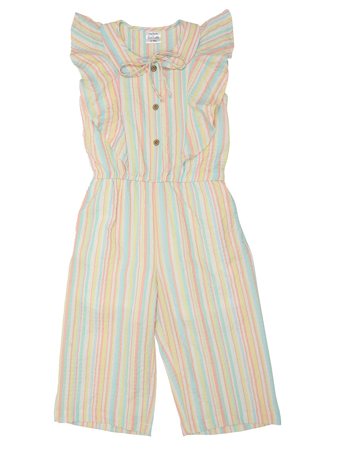

Doodle Girls Striped Flutter Sleeves Tie Up Cotton Basic Jumpsuit, Off white