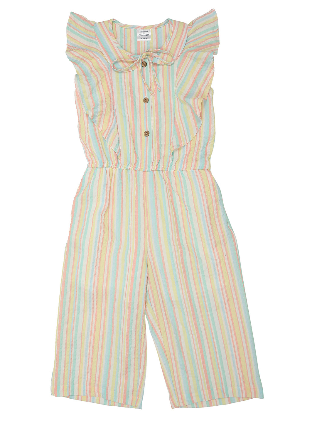 

Doodle Girls Striped Flutter Sleeves Tie Up Cotton Basic Jumpsuit, Off white