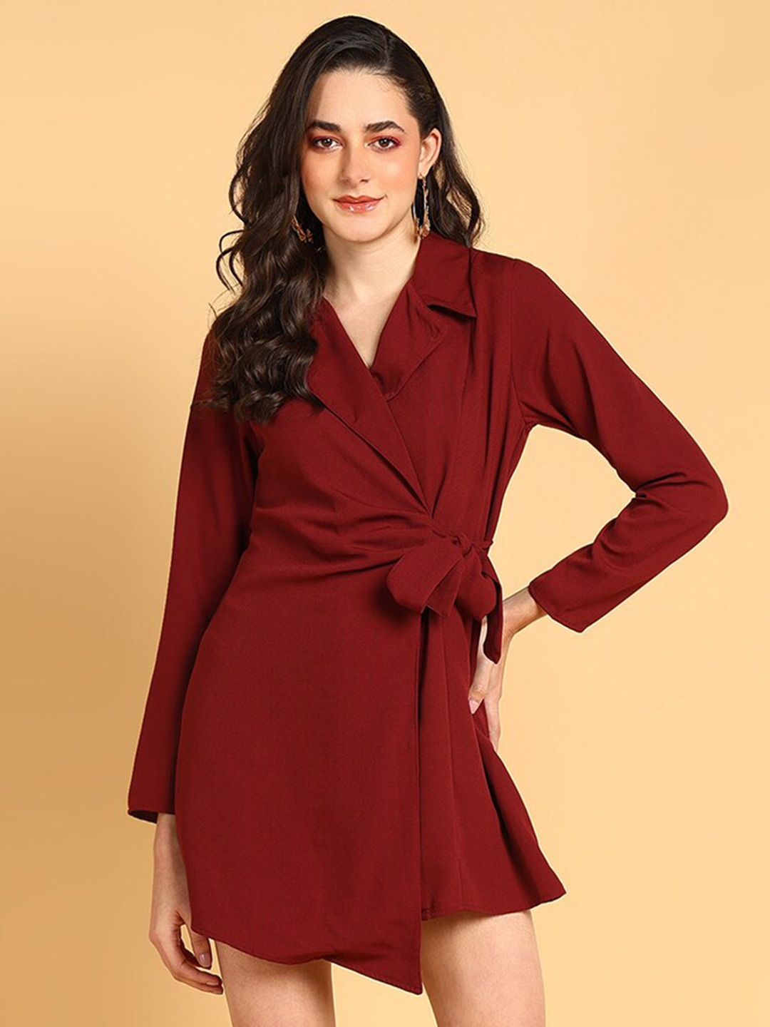 

The Roadster Lifestyle Co Maroon Shirt Collar Mini Wrap Dress