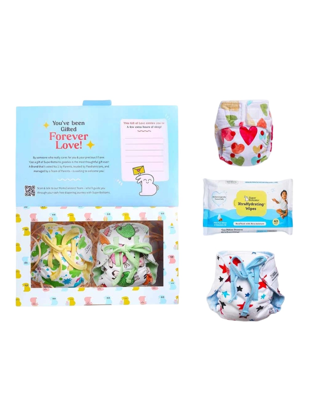 

SuperBottoms Set Of 5 New Born Uno Cloth Diaper-3 Dry Feel Langot-Xtra Hydrating Wet Wipes, White