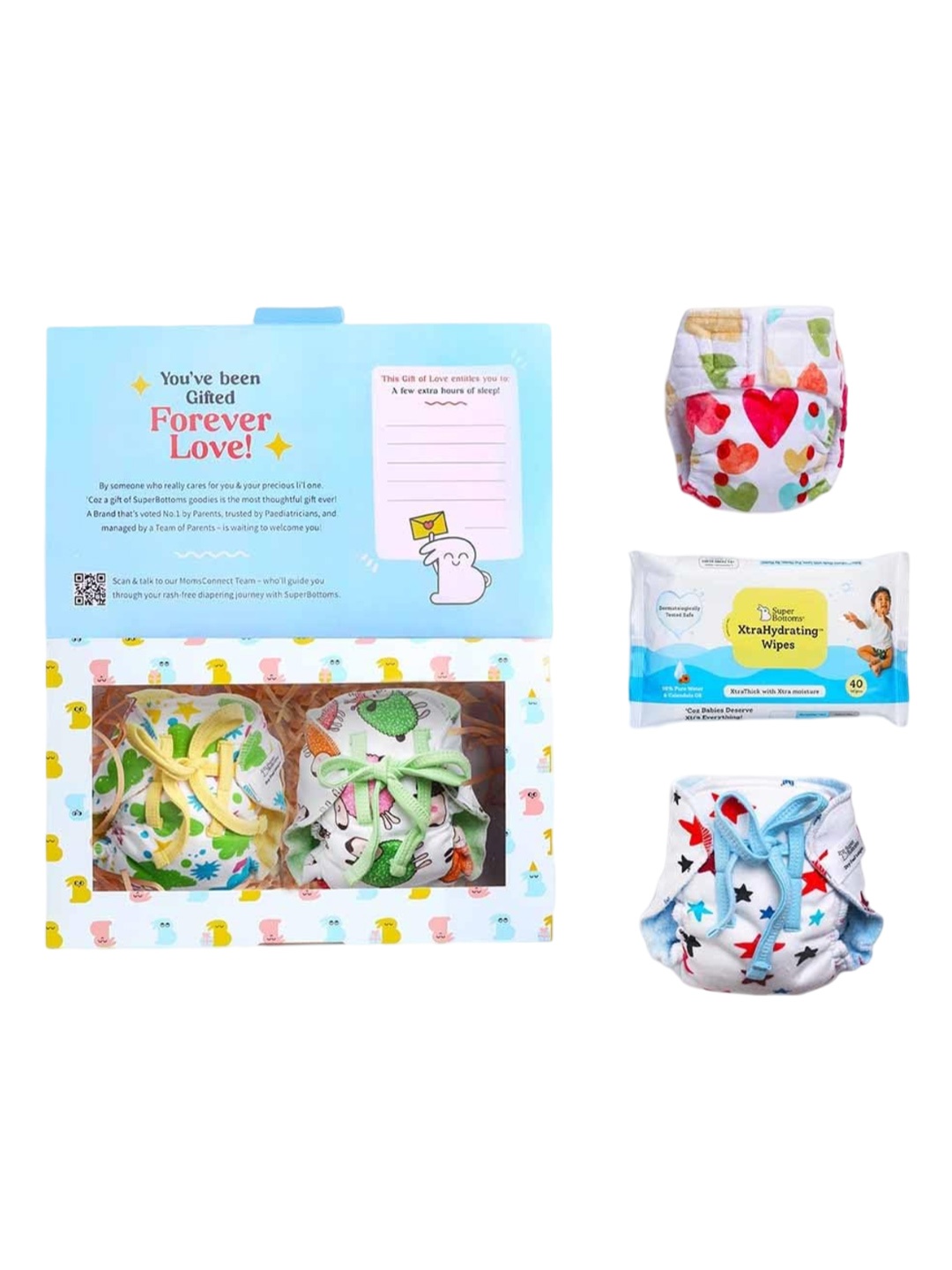 

SuperBottoms Set Of 5 New Born Uno Cloth Diaper-3 Dry Feel Langot-Xtra Hydrating Wet Wipes, White