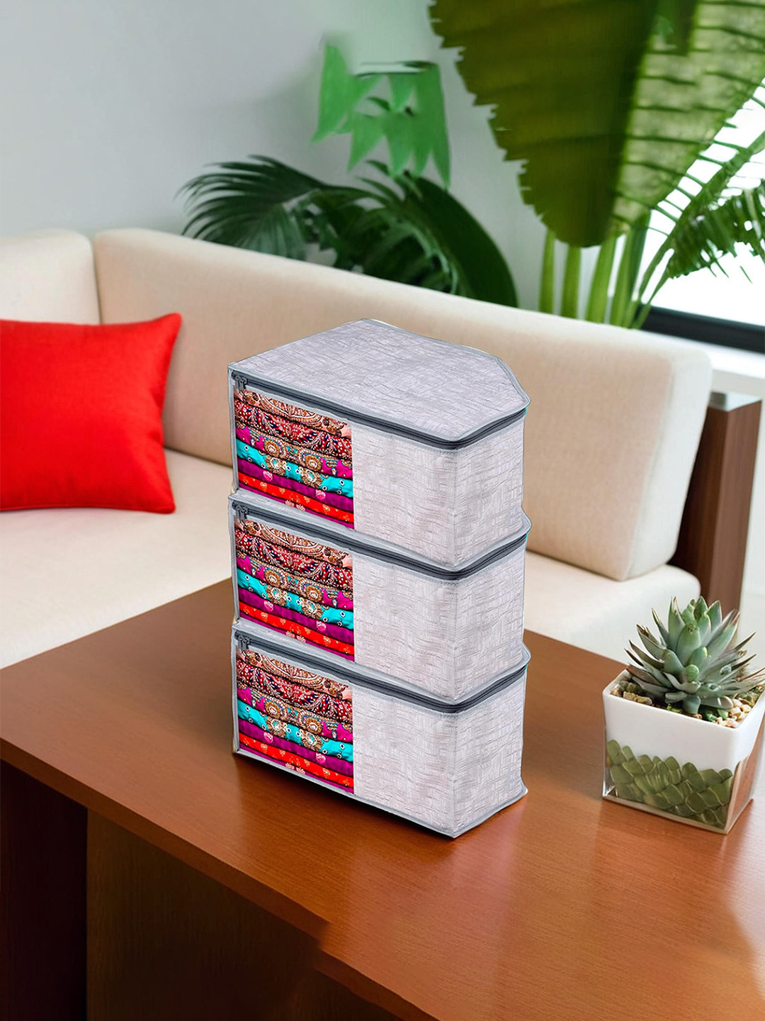 

Kuber Industries Gray 3 Pieces Jute Printed Transparent Window Blouse Covers Organizer, Pink