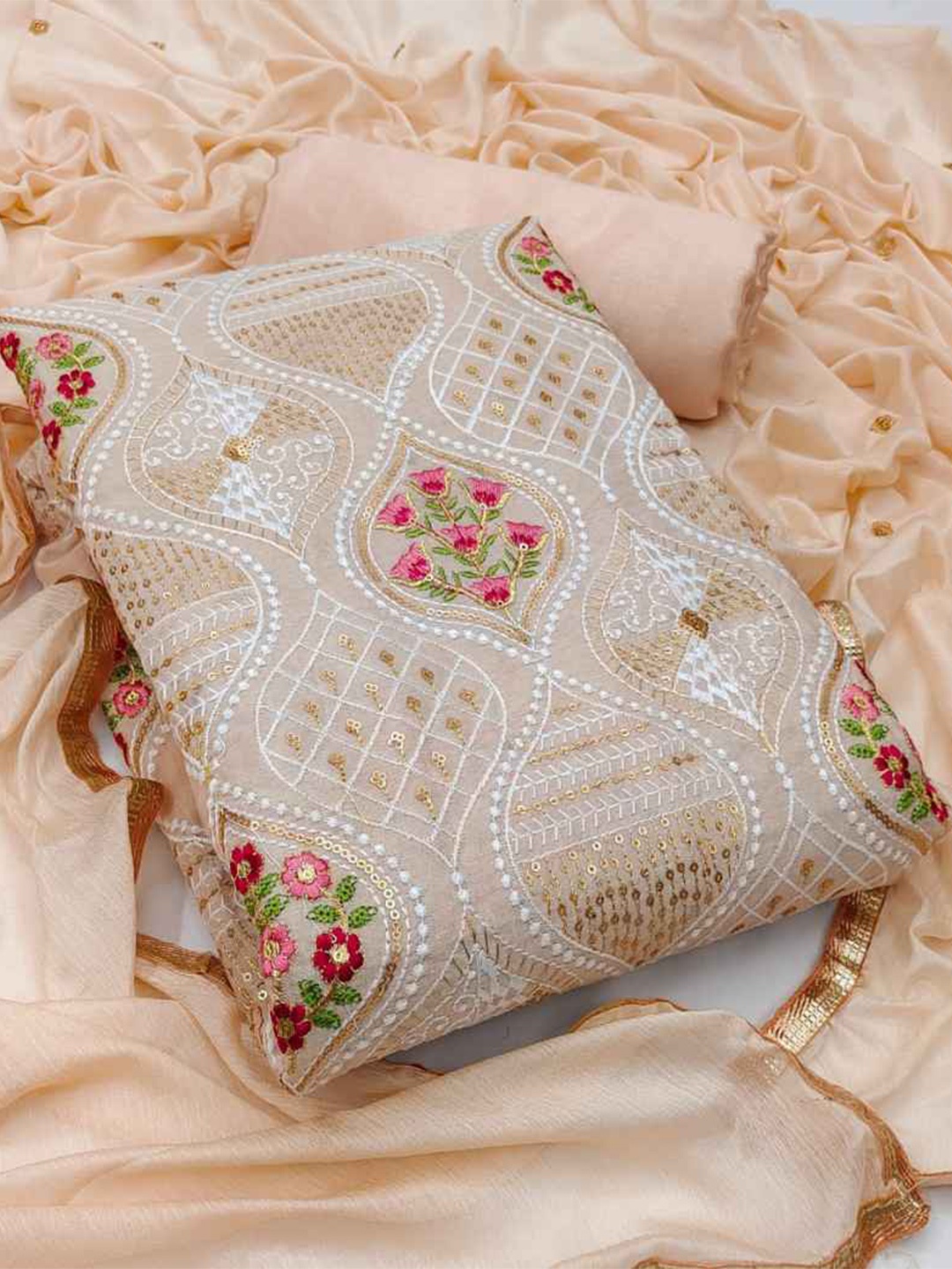 

faxofab Embroidered Silk Georgette Unstitched Dress Material, Cream