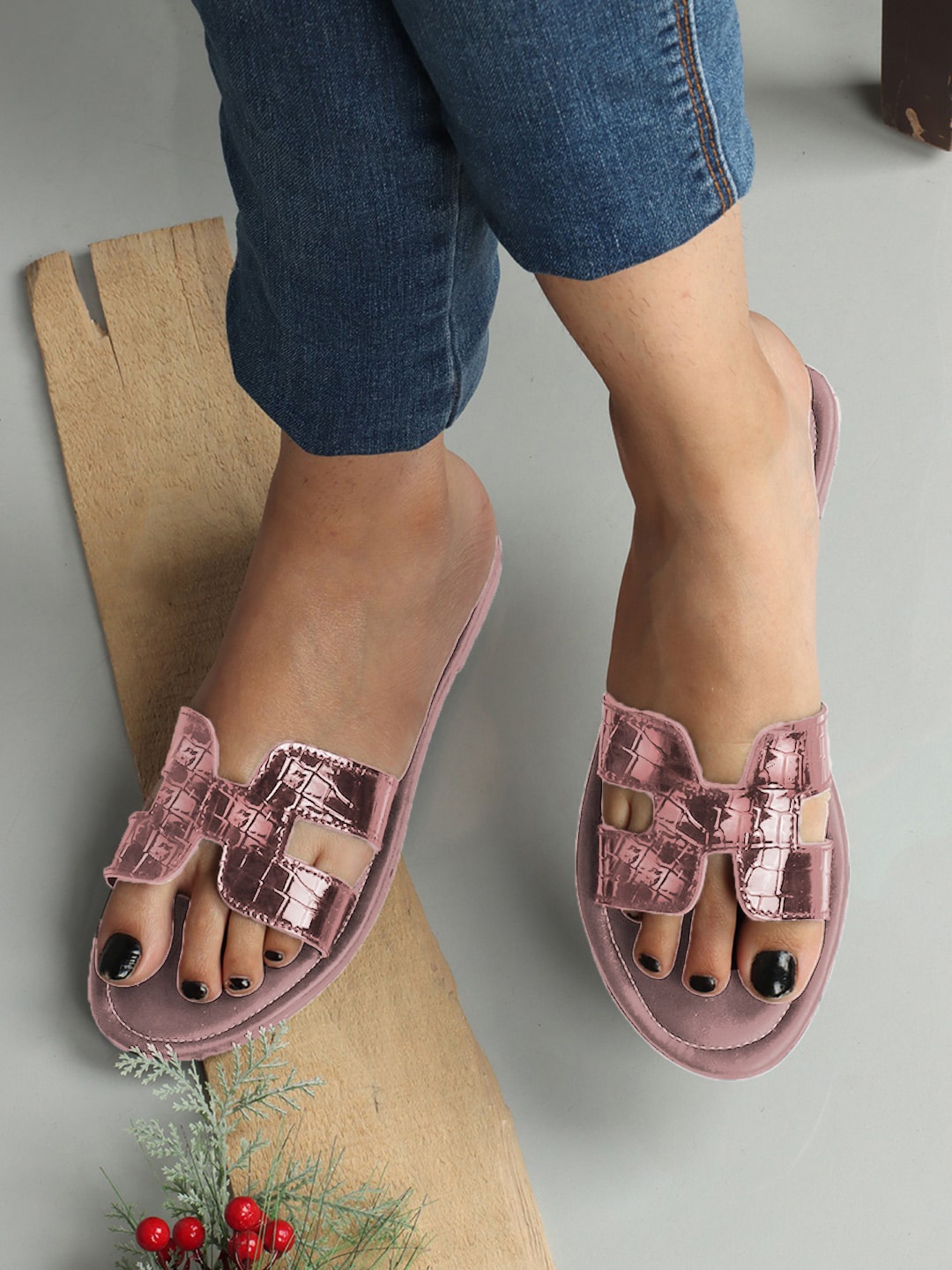 

VAGHBHATT Textured Leather Open Toe Flats, Pink