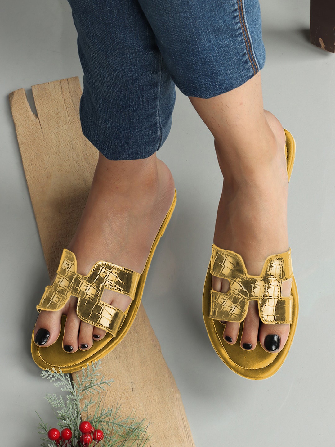 

VAGHBHATT Textured Leather Open Toe Flats, Yellow