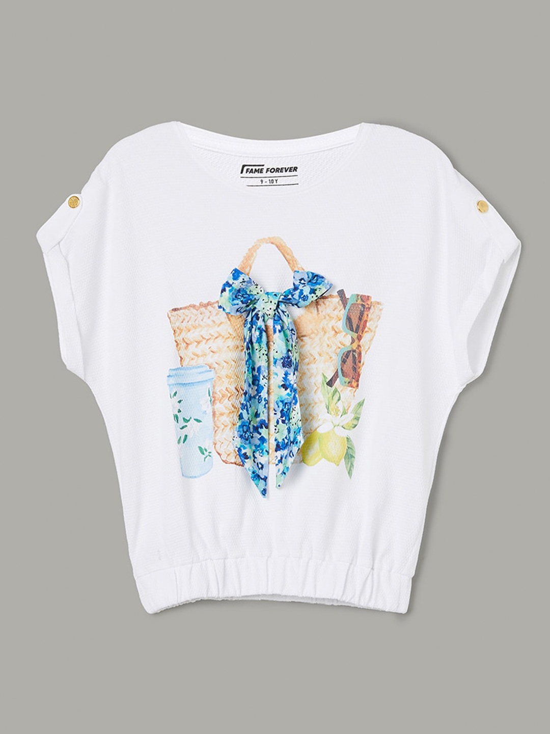 

Fame Forever by Lifestyle Girls Printed Extended Sleeves Applique T-shirt, White