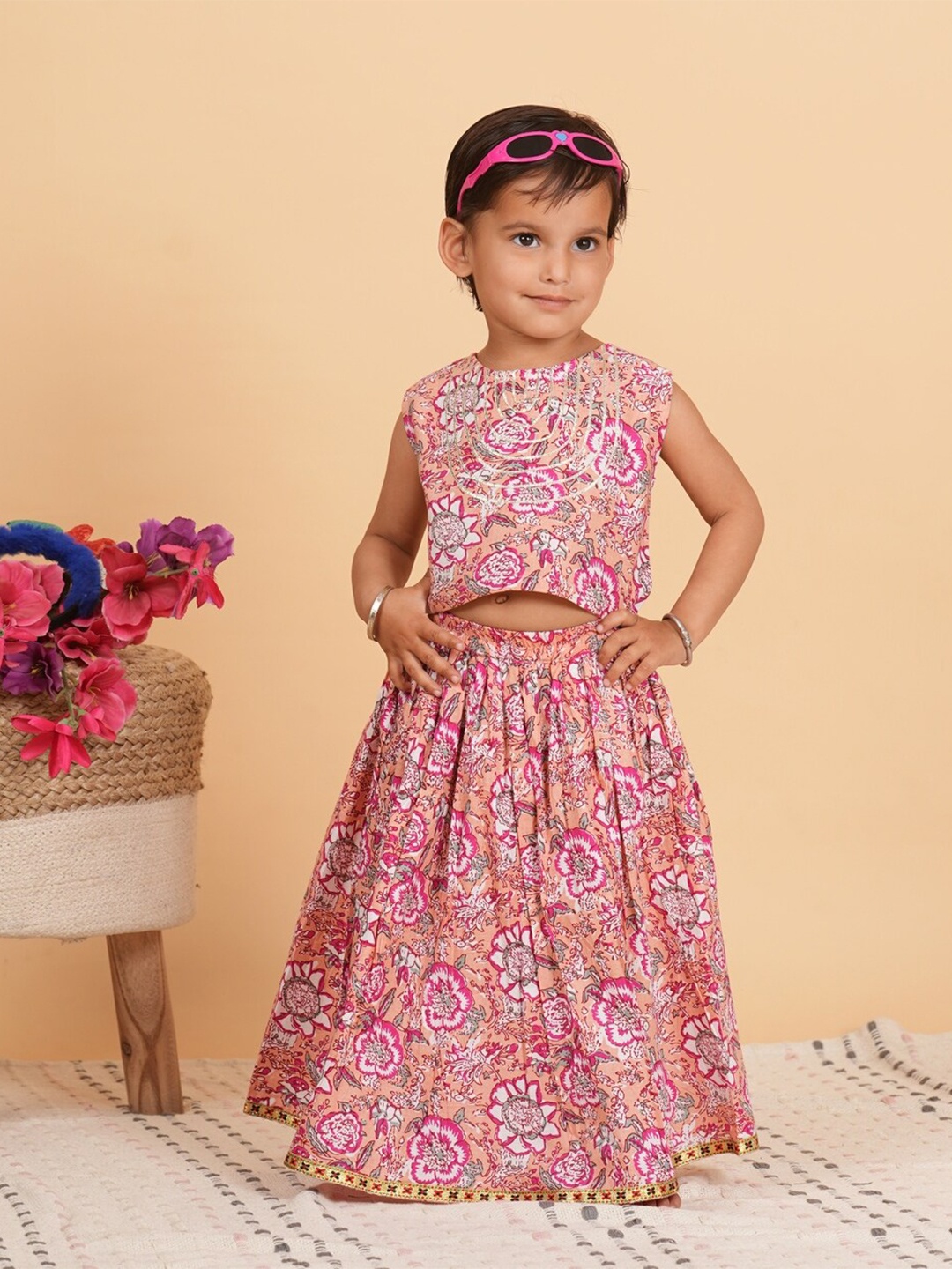 

BAESD Girls Printed Pure Cotton Top With Skirt, Pink