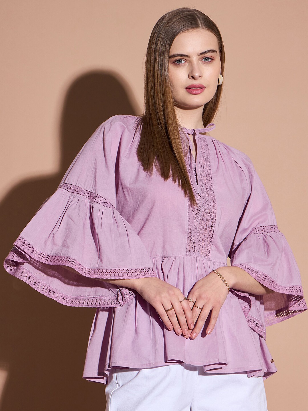 

DressBerry Tie-Up Neck Bell Sleeve Cotton Top, Lavender