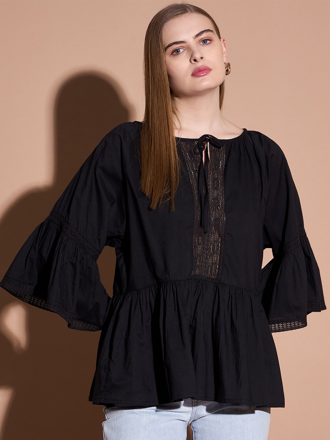 

DressBerry Tie-Up Neck Bell Sleeve Cotton Top, Black