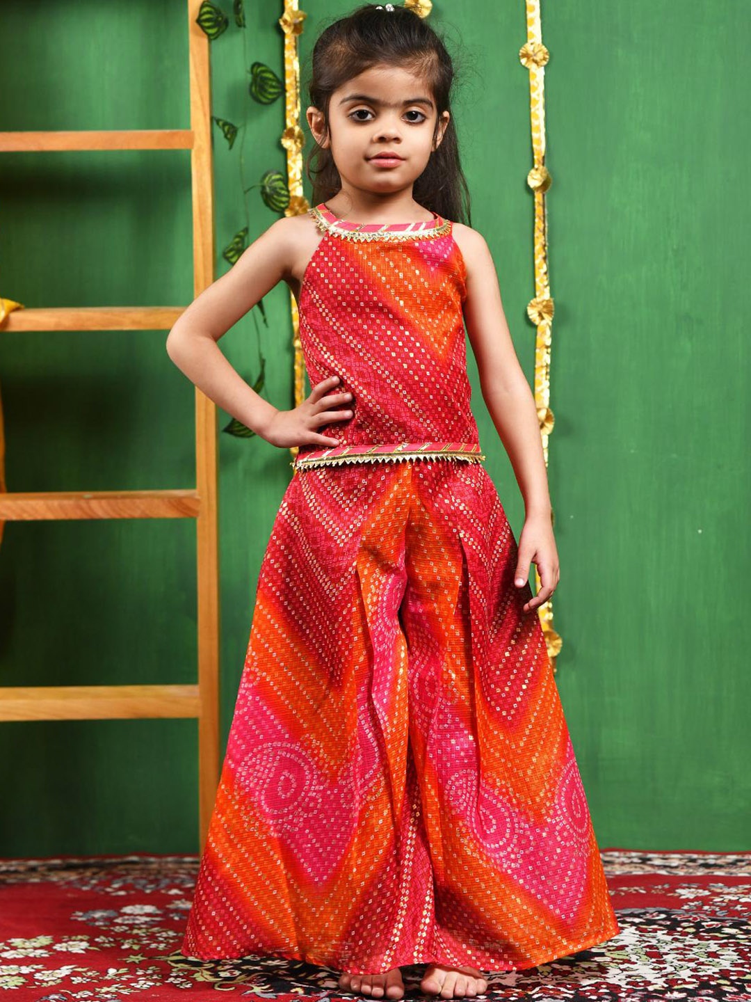

Rangpur Girls Printed Shoulder Straps Pure Cotton Top with Palazzos, Red