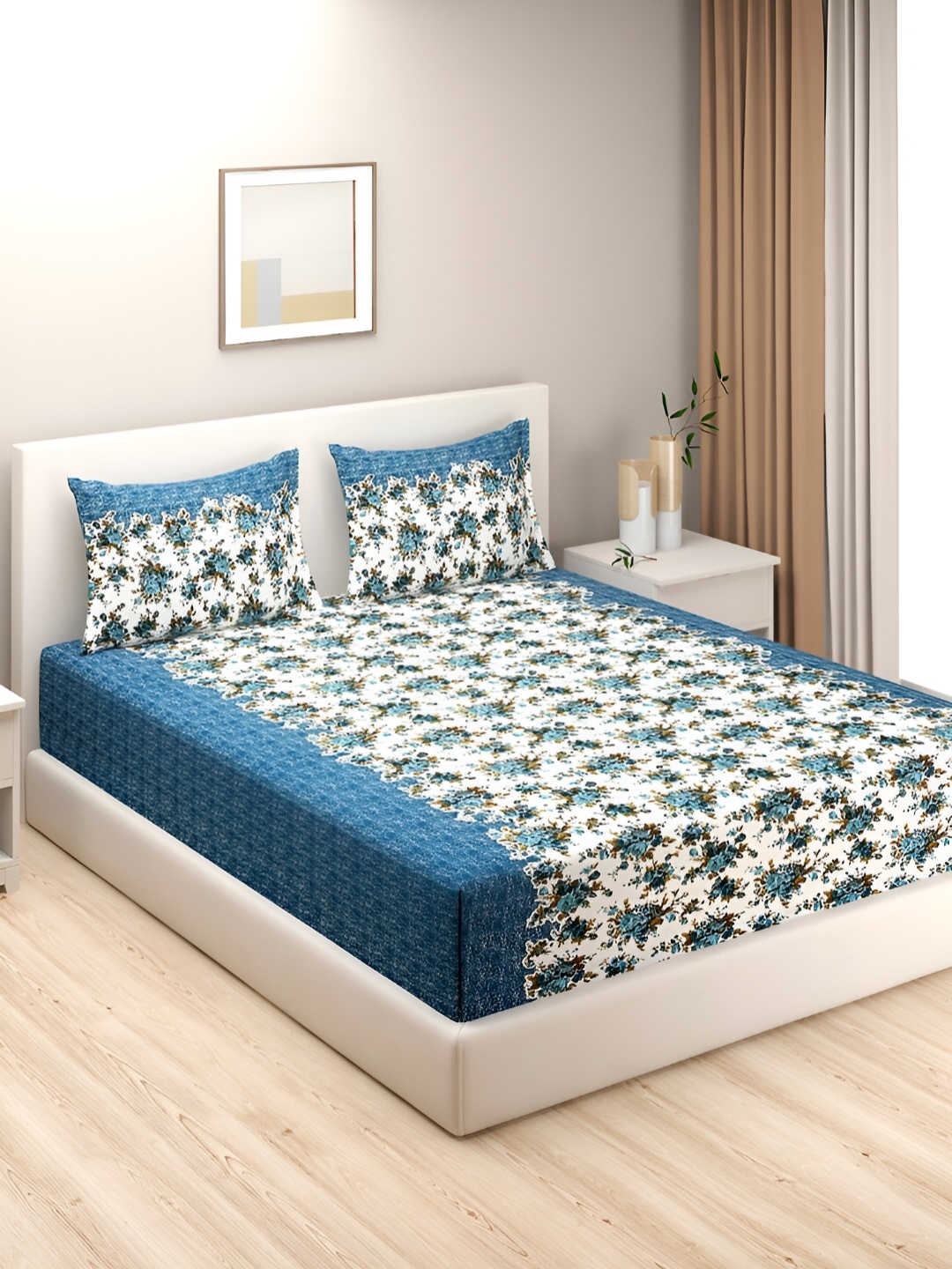 

Aura Blue & White Floral Printed 144 TC Cotton King Bedsheet with 2 Pillow Covers