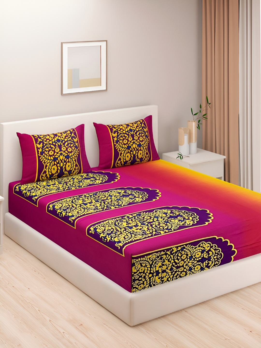 

Aura Purple & Yellow Ethnic Motifs Cotton 200 TC King Bedsheet with 2 Pillow Covers