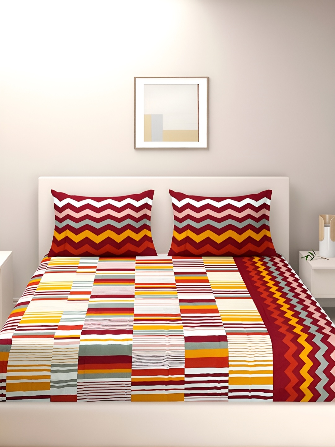 

Aura White & Red Geometric 144 TC King Bedsheet with 2 Pillow Covers