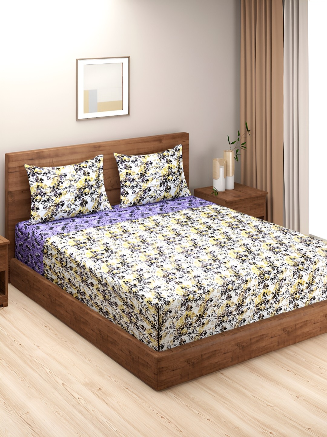 

Aura Blue & White Floral Printed Cotton 200 TC King Bedsheet with 2 Pillow Covers