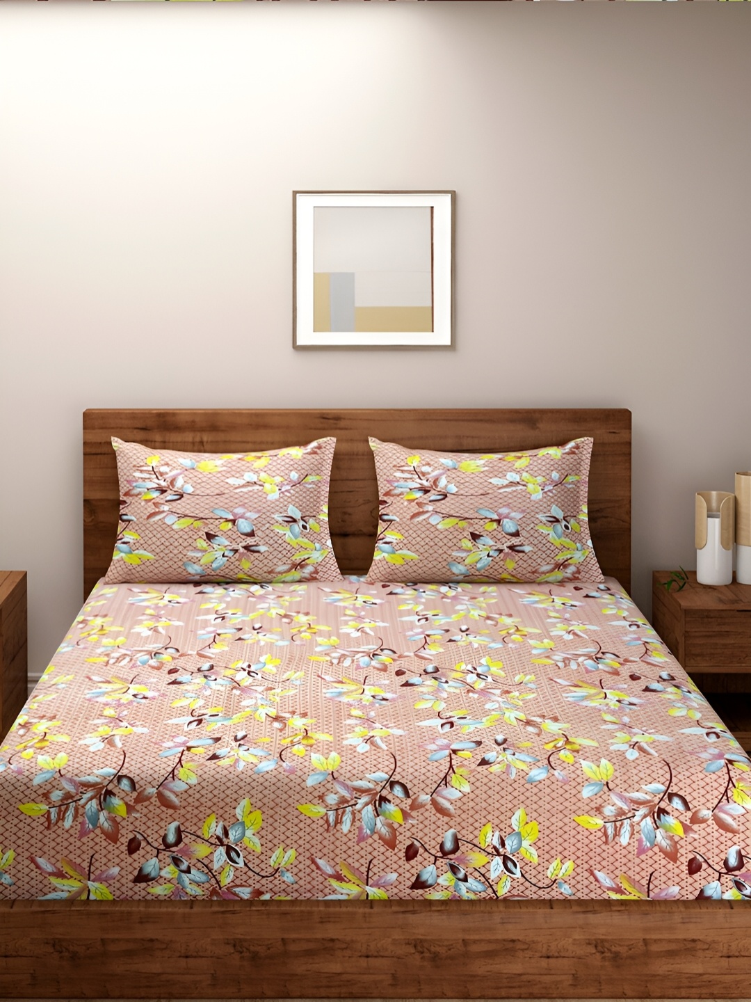 

Aura Beige & Yellow Floral Printed Cotton 200 TC King Bedsheet with 2 Pillow Covers