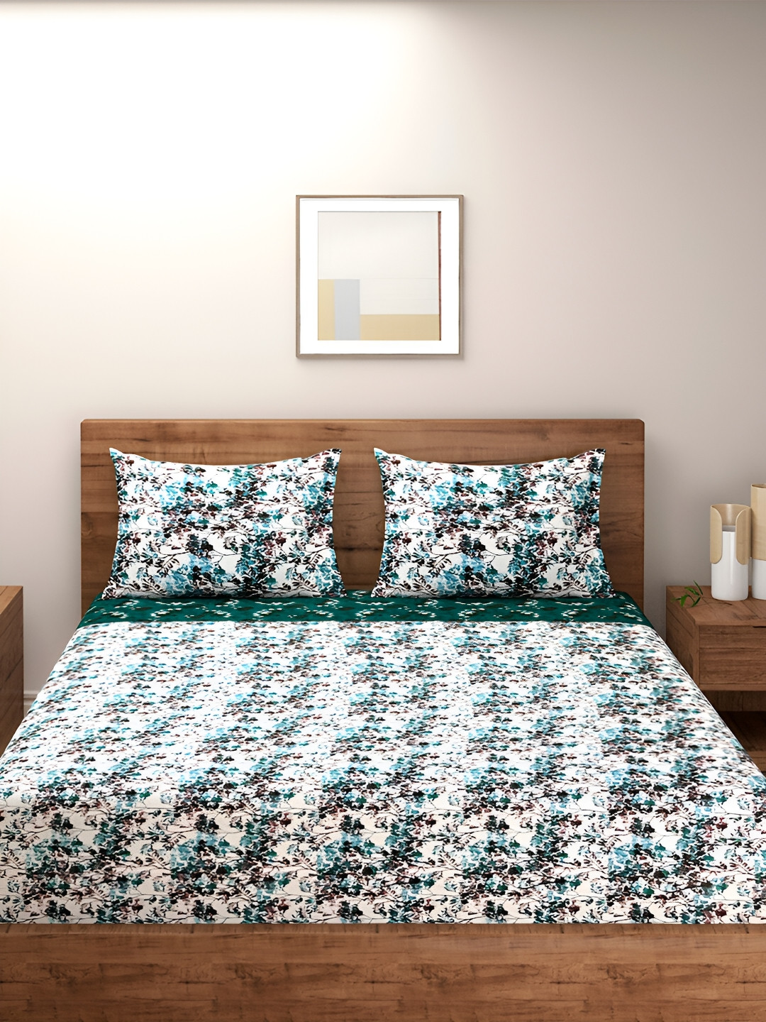 

Aura Green & White Floral Printed 200 TC Cotton King Bedsheet with 2 Pillow Covers