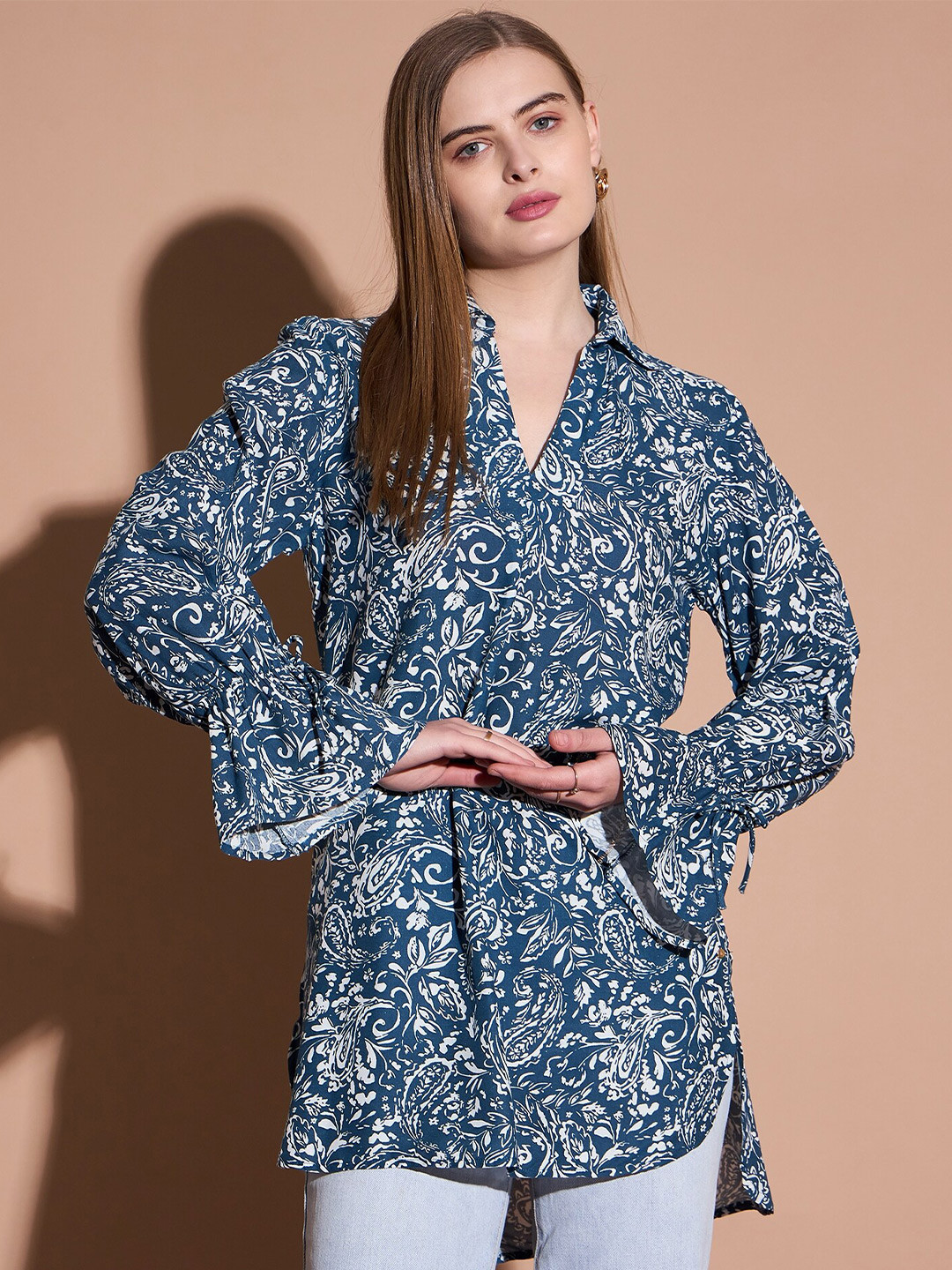 

DressBerry Floral Print Mandarin Collar Top, Navy blue