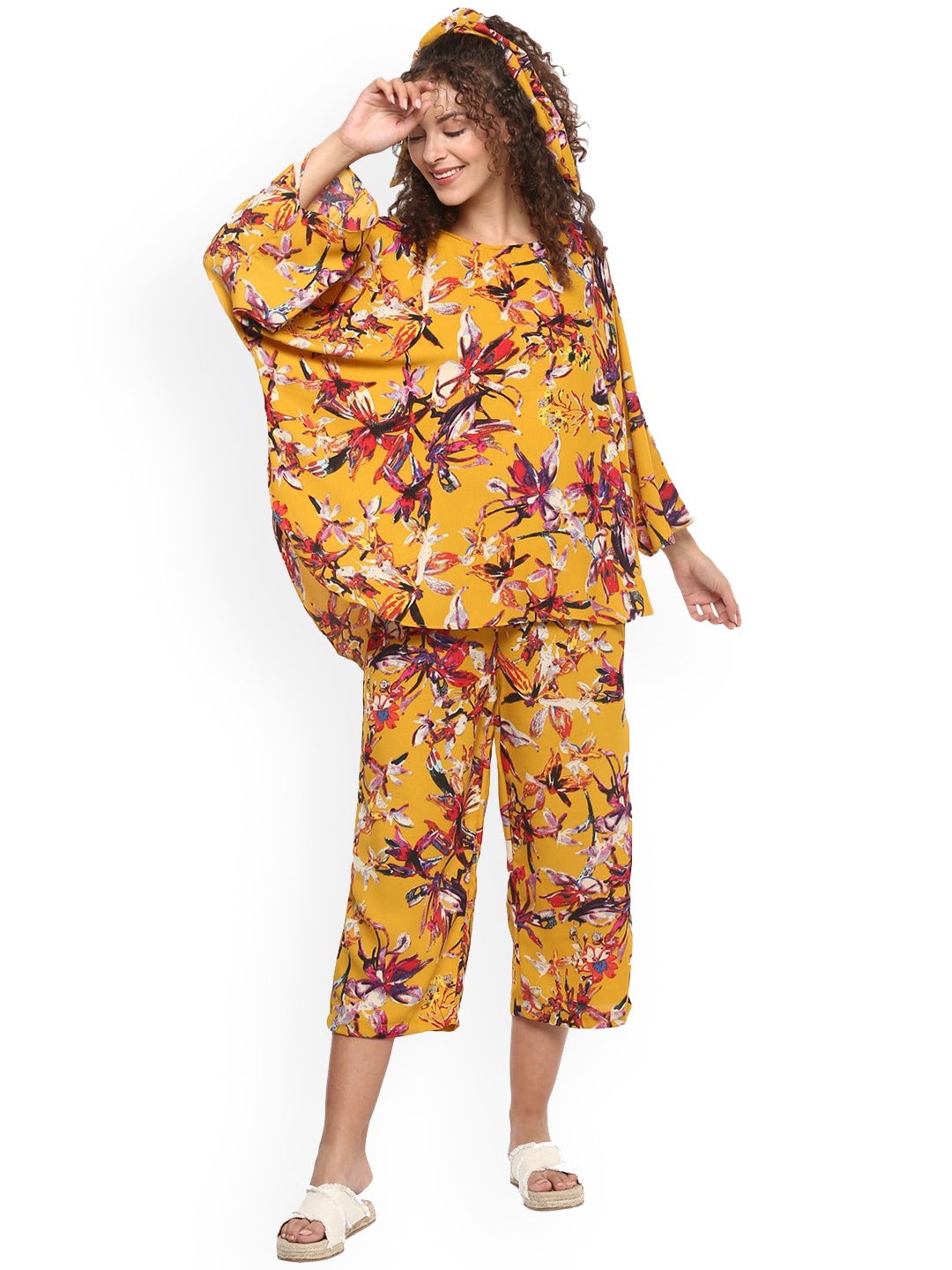 

Rhe-Ana Jujube 3 Pcs Floral Printed Top Trouser With Scarf, Yellow