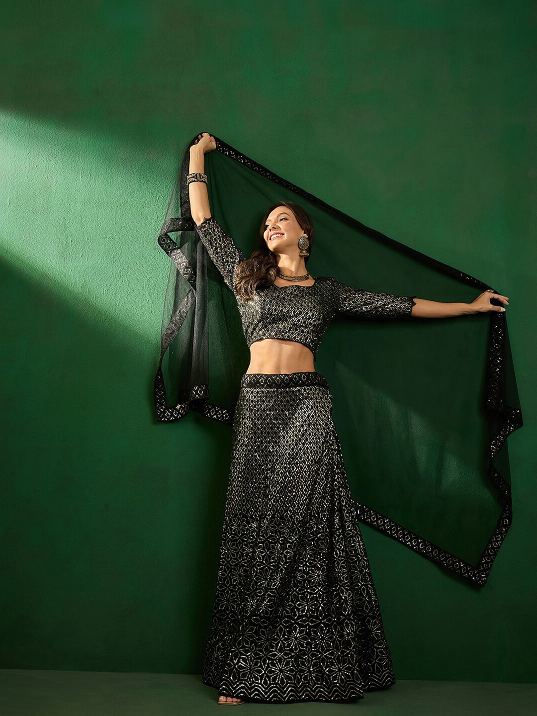 

Sangria Embroidered Sequined Semi-Stitched Lehenga With Choli & Dupatta, Black