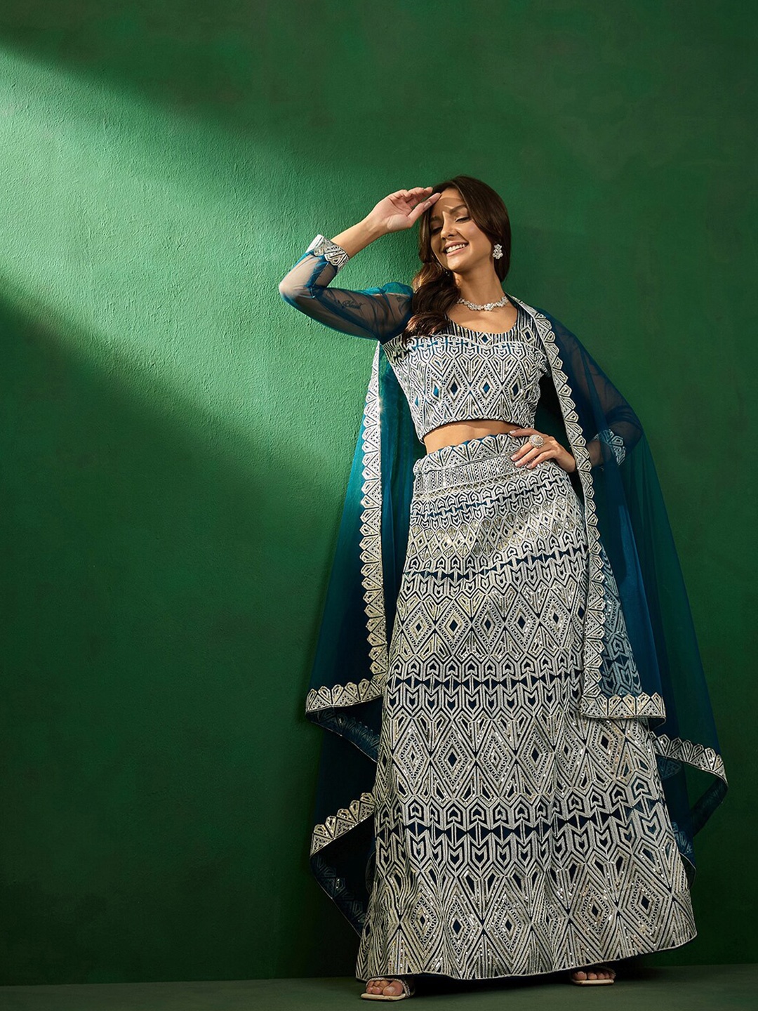 

Sangria Sequined Embroidered Semi-Stitched Lehenga With Choli & Dupatta, Teal