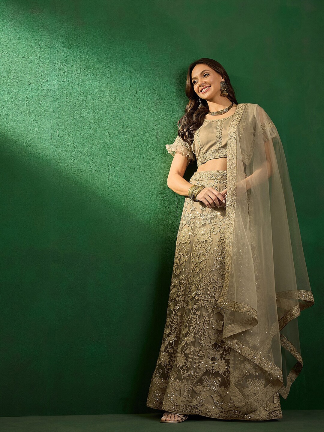 

Sangria Sequined Embroidered Semi-Stitched Lehenga With Choli & Dupatta, Beige