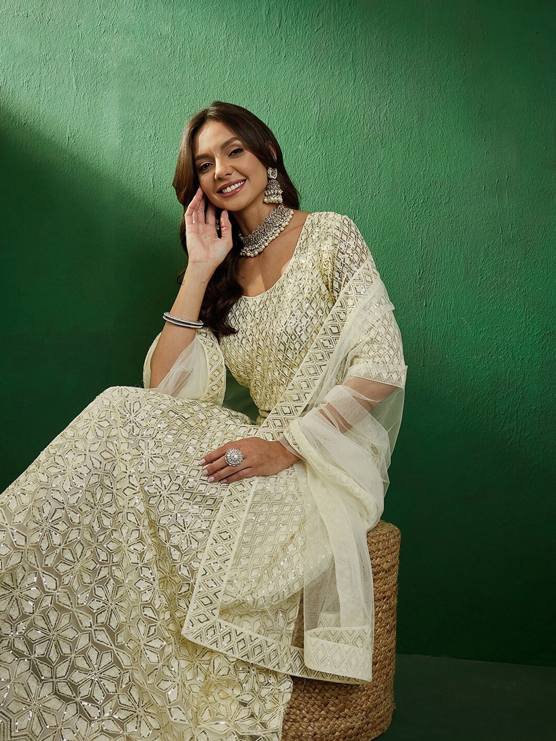 

Sangria Sequined Embroidered Semi-Stitched Lehenga With Choli & Dupatta, Beige