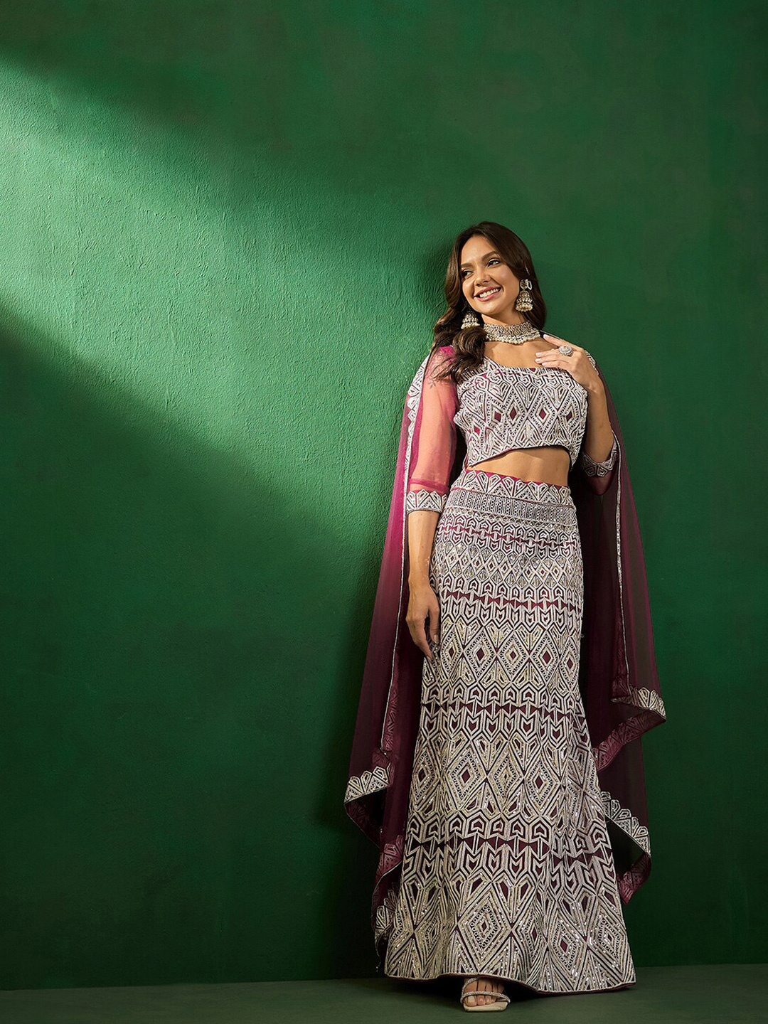 

Sangria Embroidered Sequined Semi-Stitched Lehenga With Choli & Dupatta, Purple