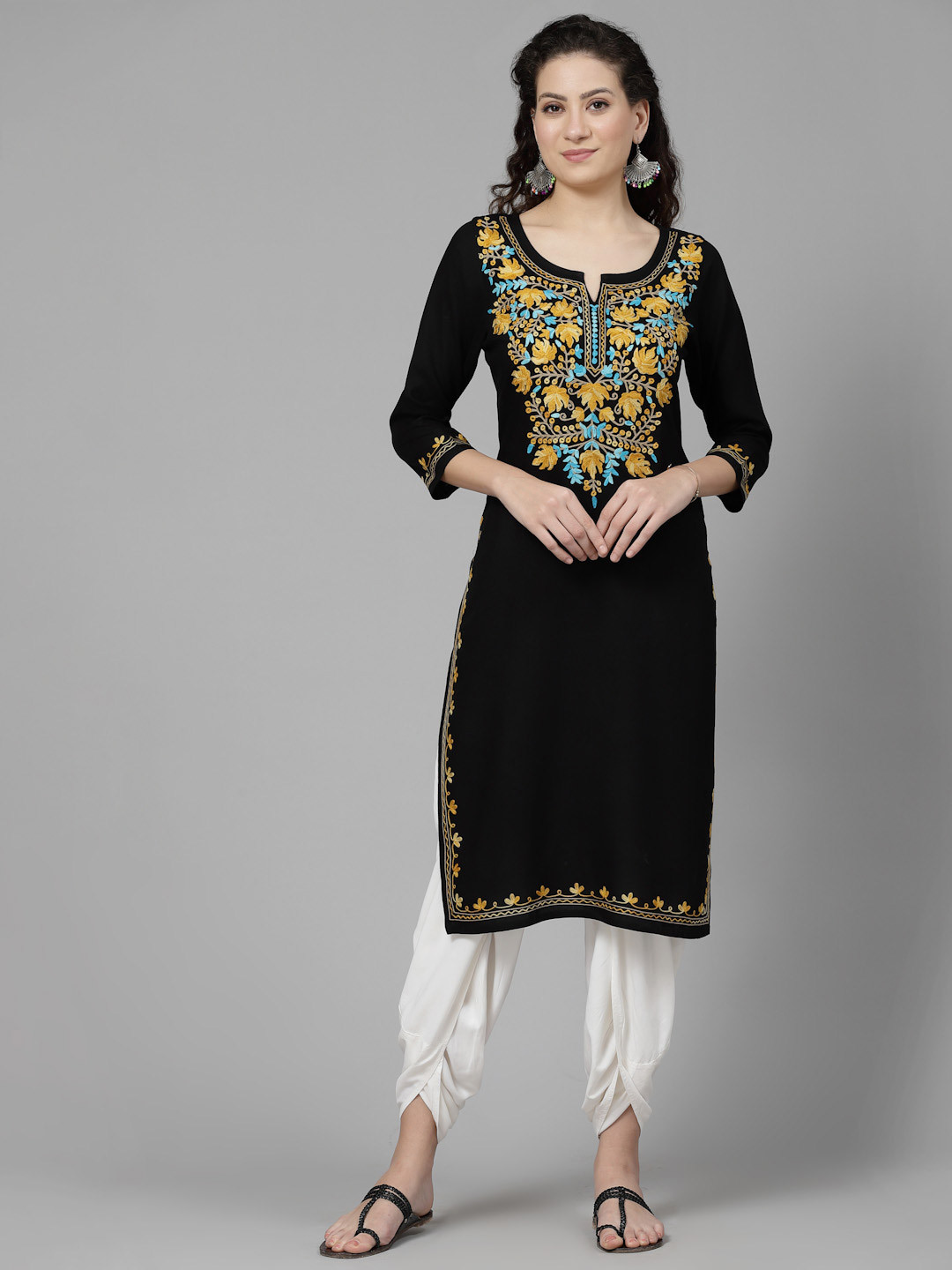 

QAZMI Women Floral Embroidered Aari Work Kurta, Black