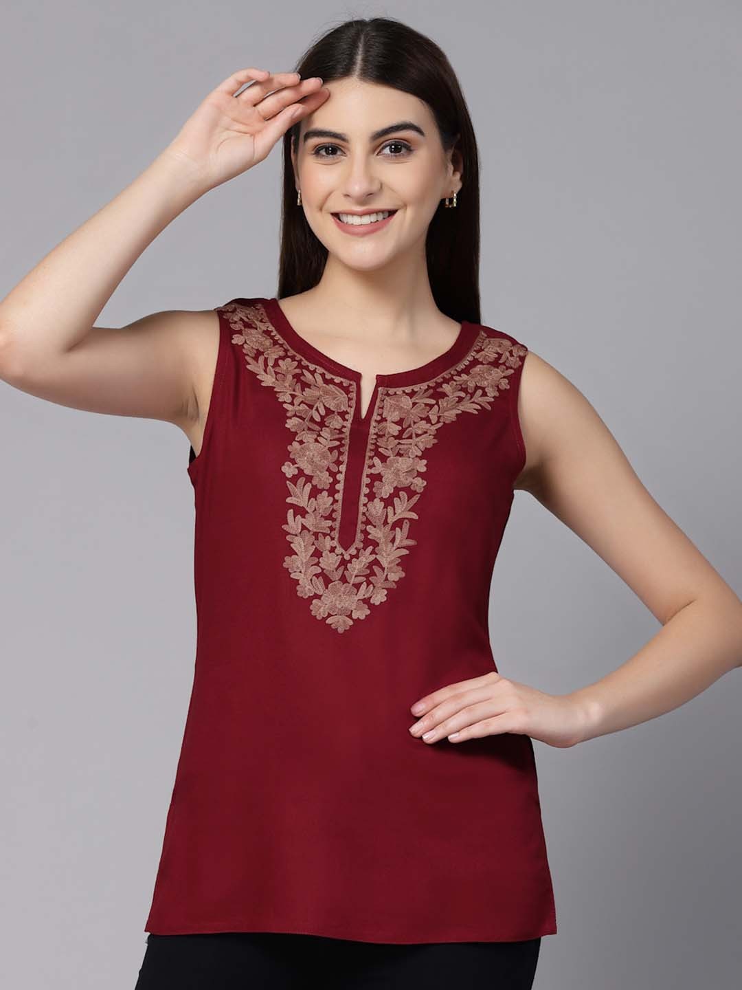 

QAZMI Floral Embroidered Thread Work Straight Kurti, Maroon