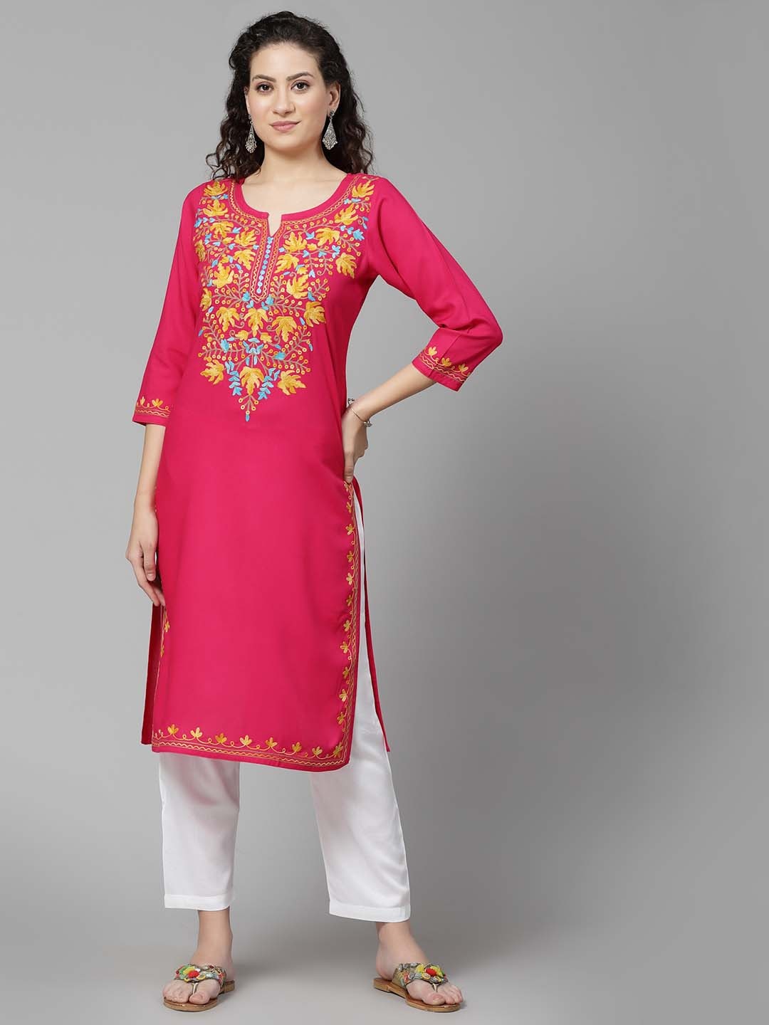 QAZMI Kashmiri Chinarkari Work Straight Kurta, Pink