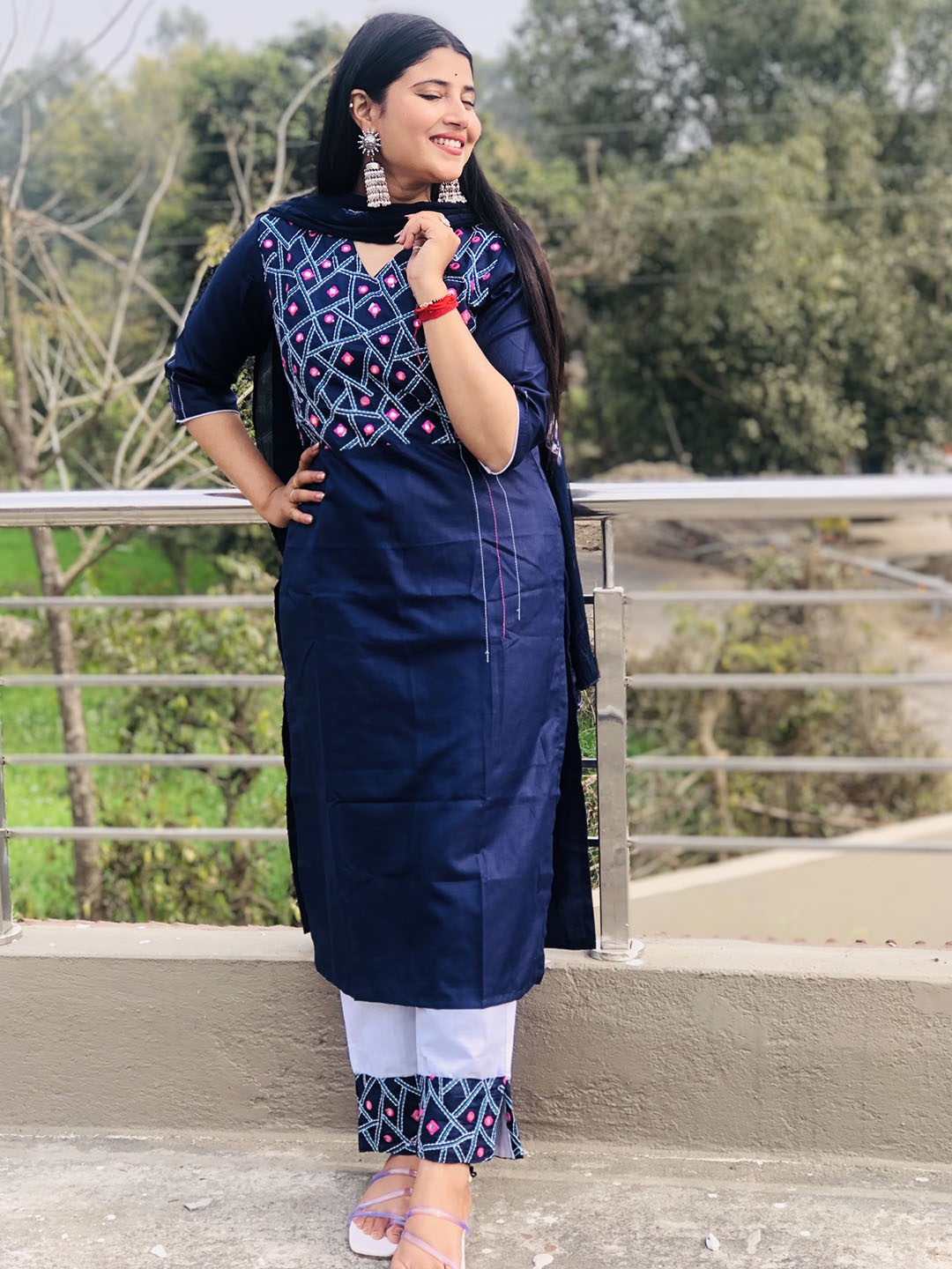 

KALINI Women Embroidered Regular Mirror Work Kurta with Trousers & With Dupatta, Navy blue