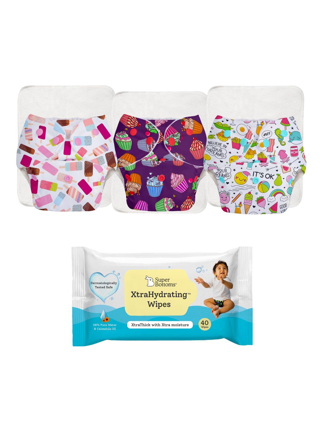 

SuperBottoms 3 Pcs UNO Reusable Cloth Diapers With Ultra Thin Pads & Xtra Hydrating Wipes, Multi
