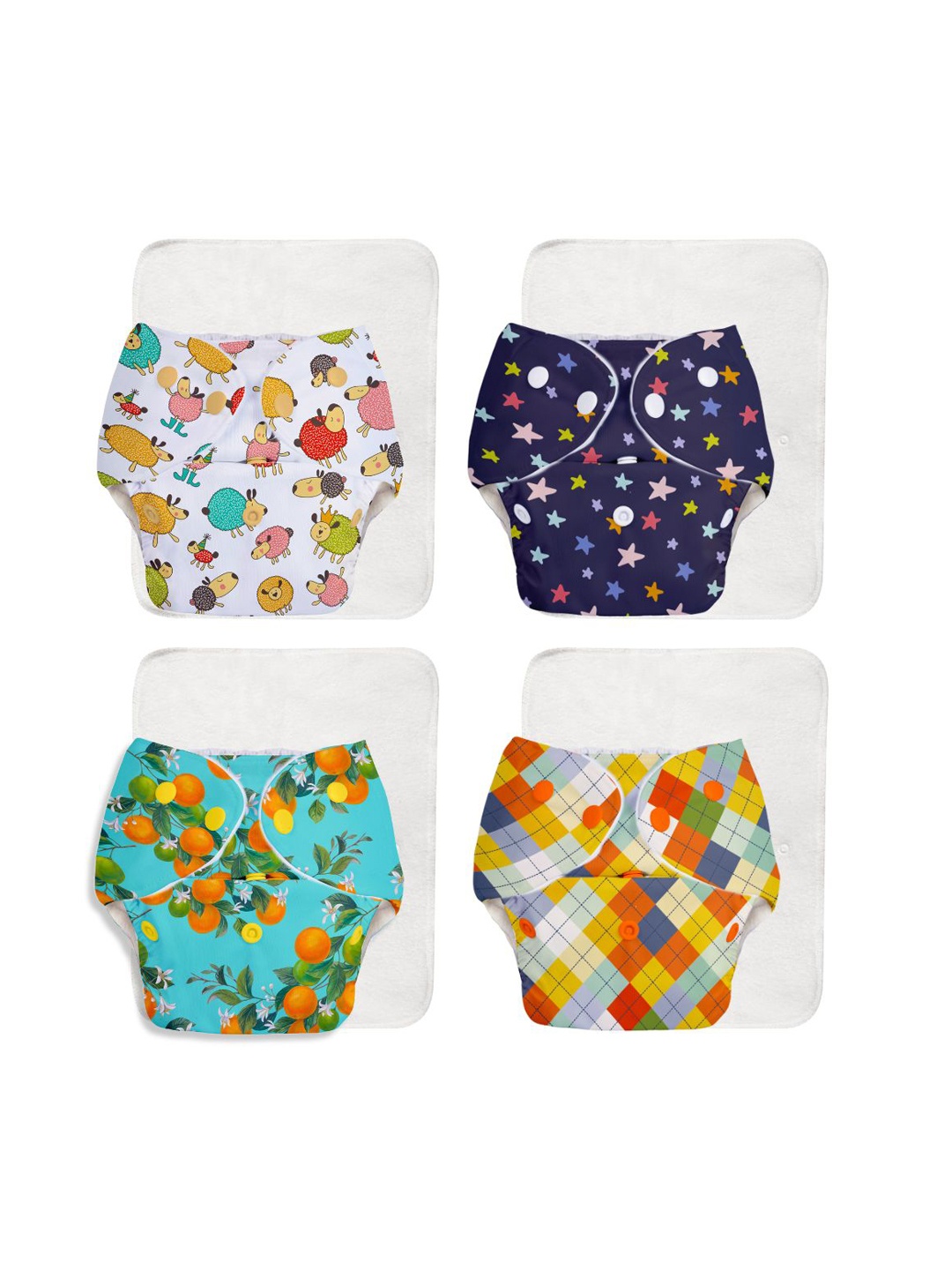 

SuperBottoms Set of 4 UNO Printed Reusable & Waterproof Cloth Diaper With Ultra Thin Pads, Multi