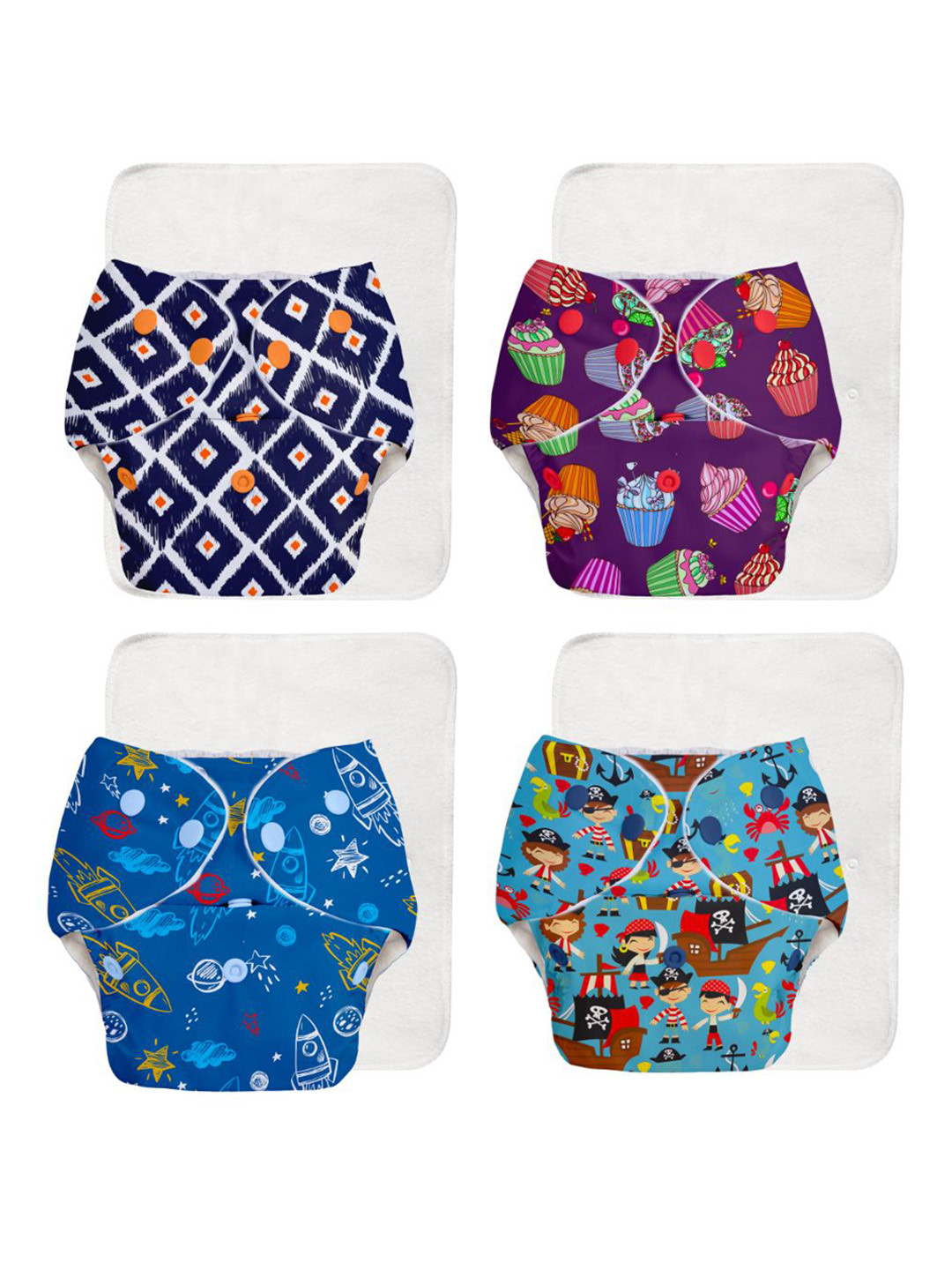 

SuperBottoms Set of 4 UNO Printed Reusable & Waterproof Cloth Diaper With Ultra Thin Pads, Multi