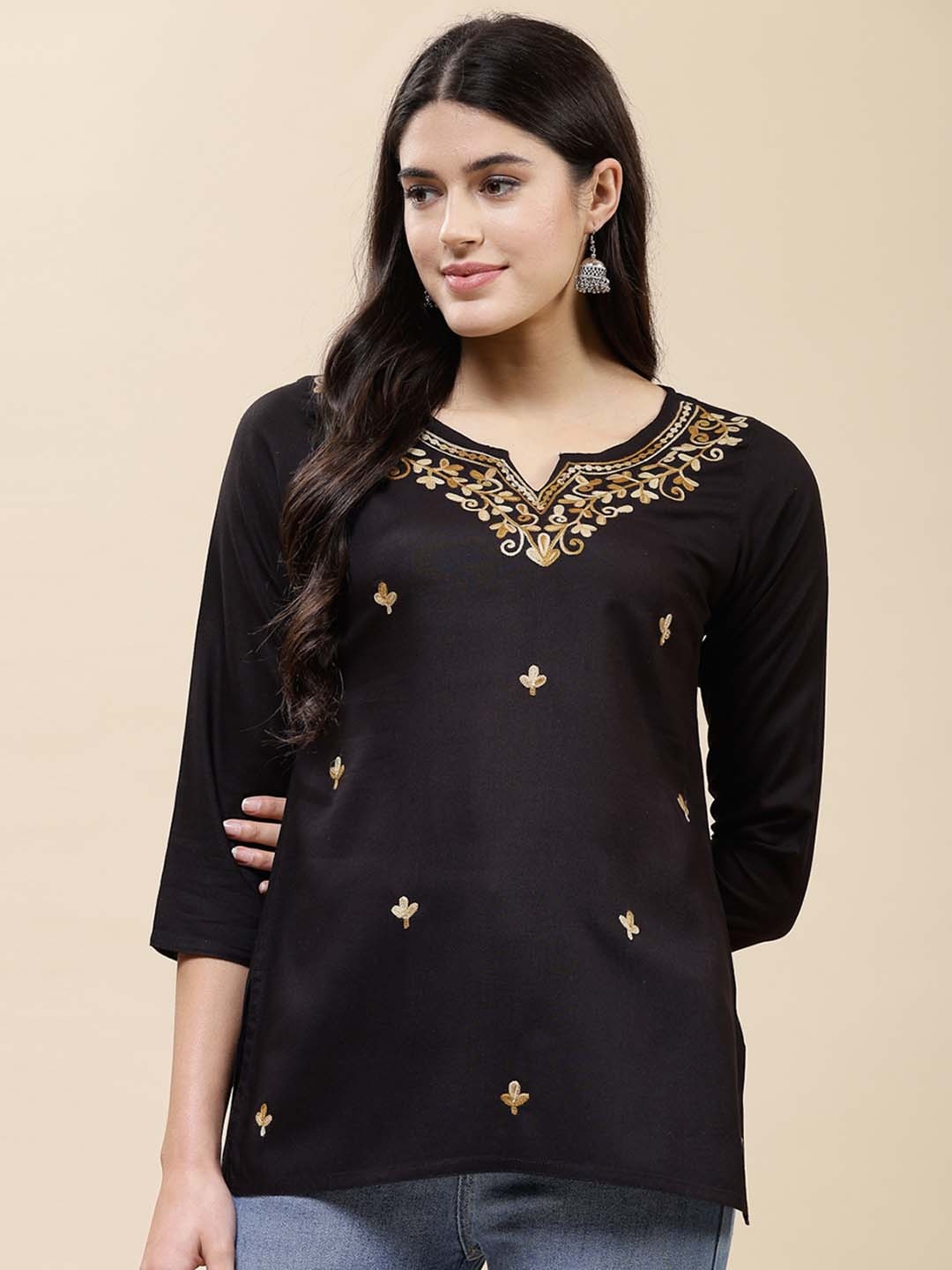 

QAZMI Floral Embroidered Aari Work Straight Kurti, Black