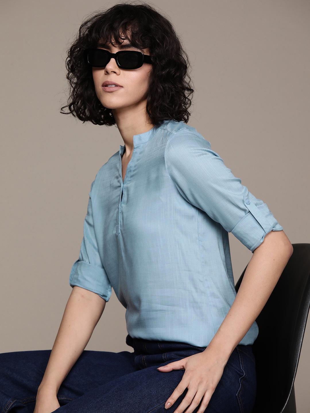 

Roadster Mandarin Collar Roll-Up Sleeves Top, Blue