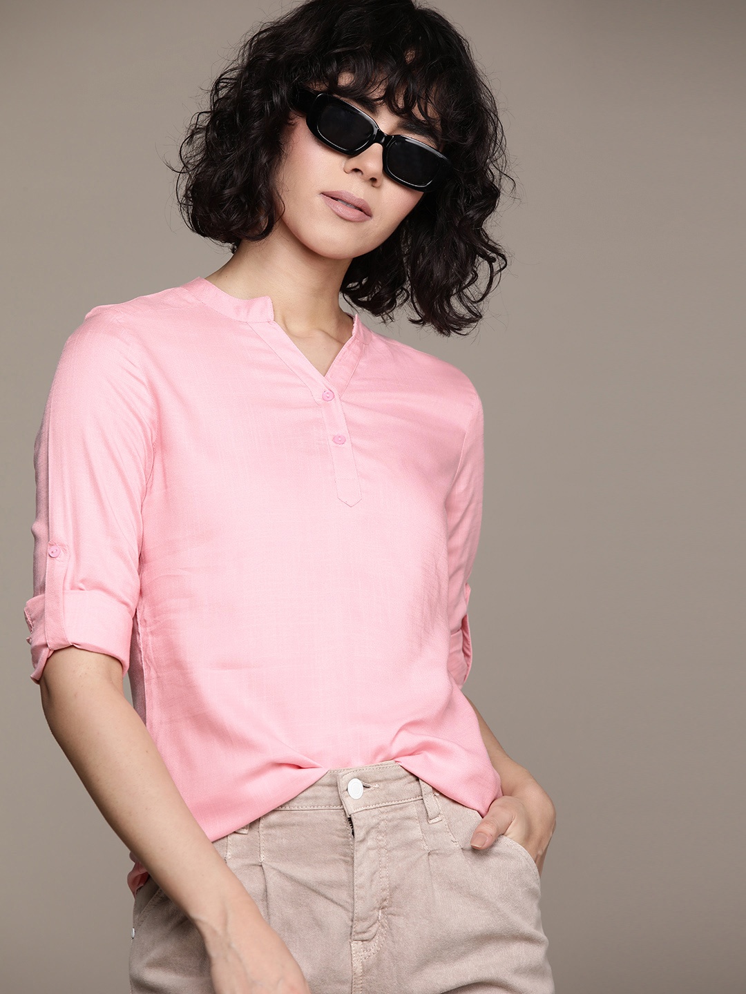 

Roadster Mandarin Collar Roll-Up Sleeves Shirt Style Top, Pink