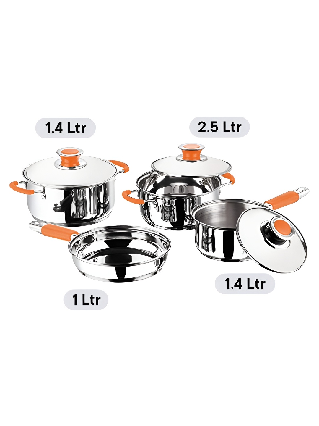 

Kuber Industries Silver-Toned & Orange 4Pcs Stainless Steel Cookware Set