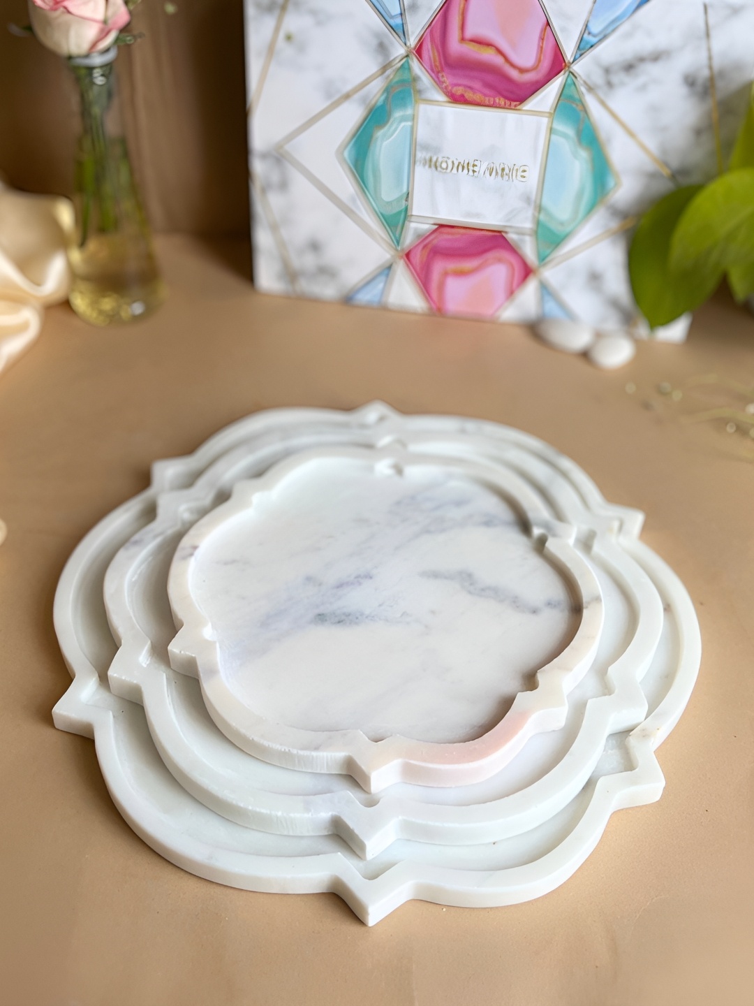 

HOMEARTE White & Pink 3 Pieces Abstract Printed Floral Shape Marble Food Platters