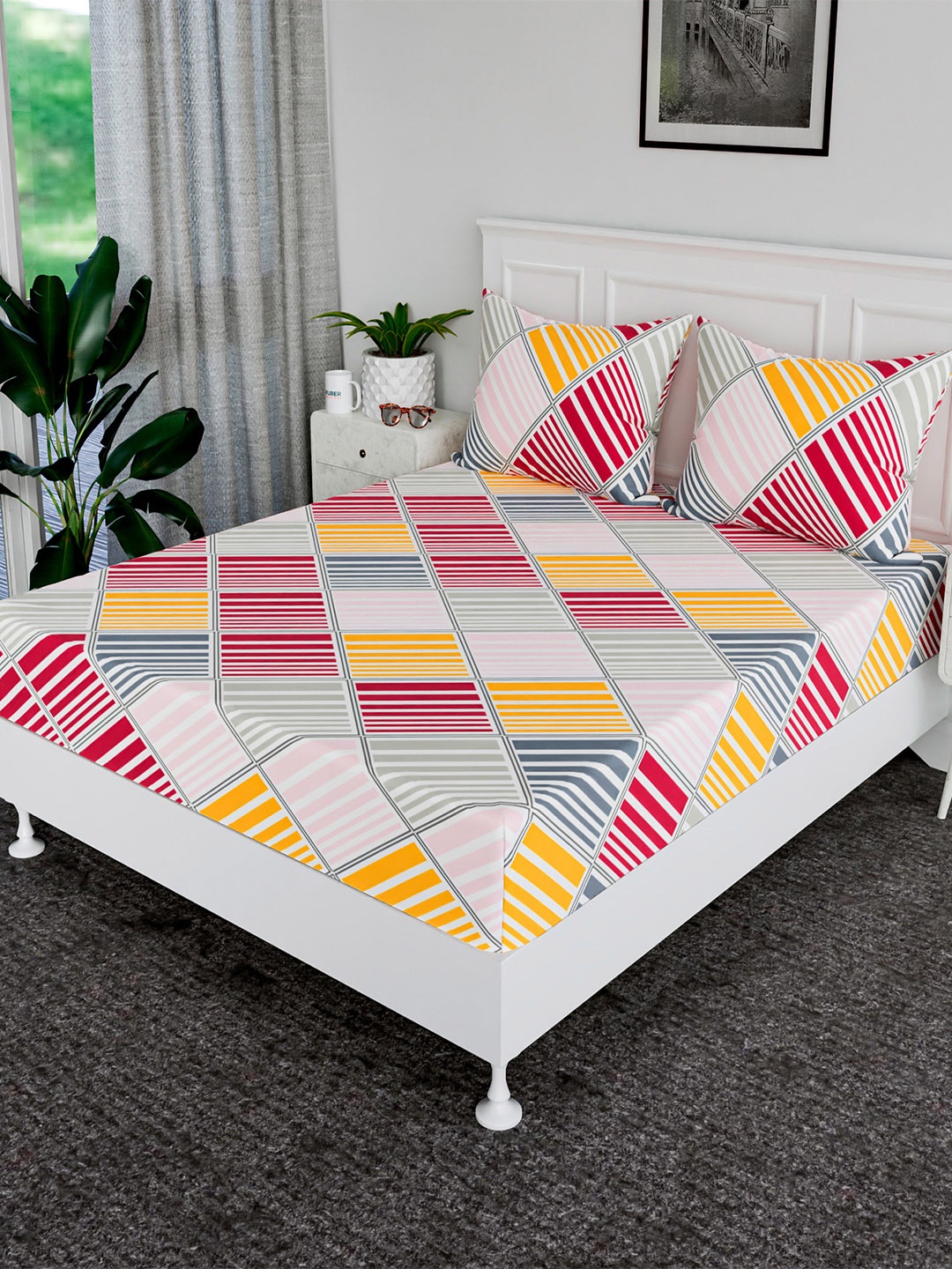 

Kuber Industries White Geometric 300 TC King Bedsheet with 2 Pillow Covers